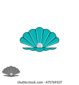 Shell pearl logo, open seashell with a pearl inside, cartoon design element, jewelry emblem mockup