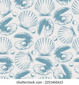 Shell with pearl monochrome pattern seamless underwater seashells with natural precious stones grown on bottom sea or ocean vector illustration