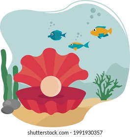 Shell with pearl in ocean, sea. Under the water 