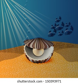 Shell with pearl on the sea floor. Vector illustration.