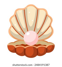 Shell with pearl on a white background. Ocean exotic underwater shell, spiral snail, underwater mollusk. Sea creatures. Trendy flat vector illustration for sticker.