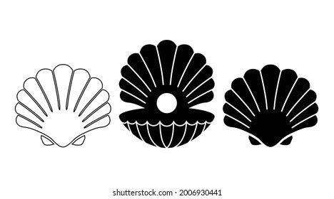 A shell with a pearl. Three variations of the shell. A whole shell with pearls. The silhouette and contour of the shell flap. Vector illustration isolated on a white background for design and web.