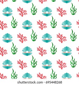 Shell with a pearl. Vector illustration on white background. Seamless pattern. Flat design style. Swatch inside