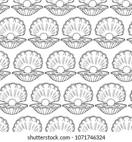 Shell with pearl vector illustration. For web design. Clam. Conch. Clean and minimalist symbol. Modern easy to edit logo template. Doodle style.