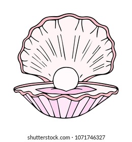 Shell with pearl vector illustration. For web design. Clam. Conch. Clean and minimalist symbol. Modern easy to edit logo template. Doodle style.