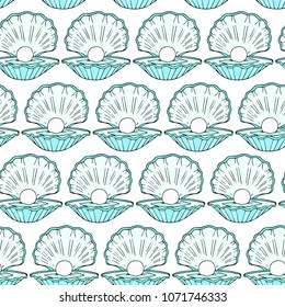 Shell with pearl vector illustration. For web design. Clam. Conch. Clean and minimalist symbol. Modern easy to edit logo template. Doodle style.