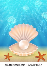 shell with pearls on the background of the sea, jellyfish and starfish. isolated image. realistic style. vector illustration.