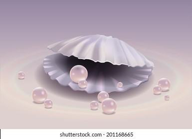 Shell with pink pearls on a gentle background