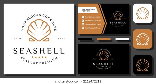 Shell Scallop Sea Ocean Seashell Mollusk Seafood Pearl Conch Oyster Vector Logo Design with Business Card