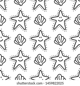 Shell and sea star doodle hand drawn seamless pattern. Summer marine wrapping template. Vector illustration.