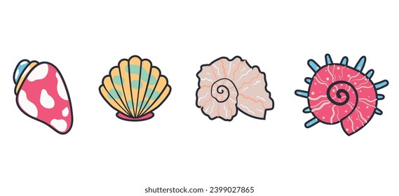 Concepto de conjunto aislado de moluscos de concha de mar de concha de mar. Ilustración del diseño gráfico del vector