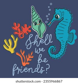 shell seahorse coral illustration underwater ocean kids baby toddler graphic placement print t-shirt hoodie vector artwork