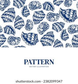 Shell. Seamless pattern. Hand drawn seashells. Engraving on a marine theme. Vector illustration of tropical beach shells