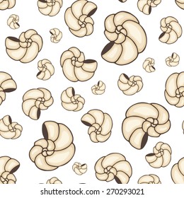 Shell seamless pattern. Hand drawn elements on the striped background