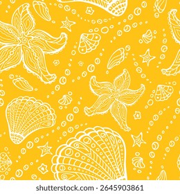 Shell e seastar tribal editável sem emenda padrão. Conchas de berbigão e ornamento artesanal de estrelas-do-mar. Fundo aquático amarelo vívido do mar Maori.