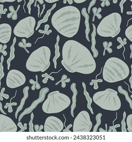Shell see seaweeds flat design seamless pattern