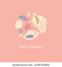 Shell Seeker nautical print for kids summer t-shirts and swimwear. Aesthetic starfish and shells on sun-bleached peach pink background. Trendy naive graphic for children apparel