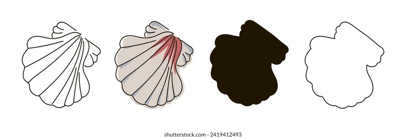 Shell set drawn in single line style, doodle, black silhouette and outline . Marine illustration. Shells. Vector illustration on white background