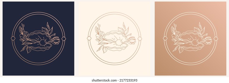 Shell set with a pearl in flowers. Logo template in linear style. Esoteric illustration for astrologer, shop, beauty salon