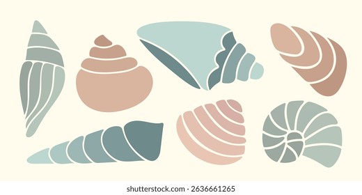 Shell silhouettes in organic shapes. Abstract Marine vector icons in Boho stile. Seashell set for summer projects, beach posters, travel branding, vacation decor, logo, sticker, print