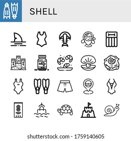 shell simple icons set. Contains such icons as Flippers, Shark, Swimsuit, Fossil, Beach, Airbed, Sand castle, Ammo, Shrimp, Oyster, Shell, can be used for web, mobile and logo