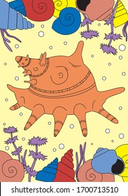 Shell or snail on a yellow background and air bubbles in the sea or ocean. Outline vector stock illustration with mollusks as a vertical banner or postcard for children or nature lovers