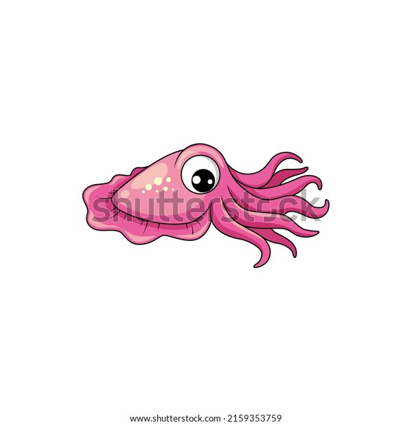 Shell squid cartoon personage with face and eyes\
isolated underwater character. Vector marine animal emoticon, pink\
squid, giant shellfish aquatic organism, calamari shellfish\
cuttlefish creature