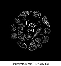 Shell and starfish circle with hello sea lettering. Sea background in hand drawn style. Vector illustration. eps10