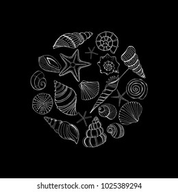 Shell and starfish circle. Sea background in hand drawn style. Vector illustration. eps10