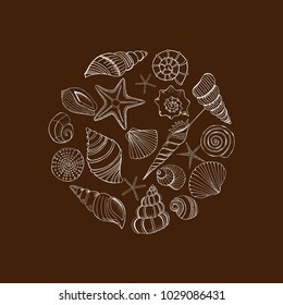 Shell and starfish circle. Sea background in hand drawn style. Vector illustration. eps10