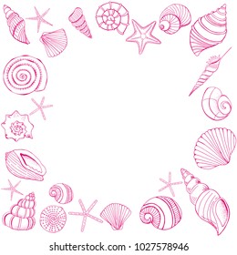 Shell and starfish frame. Sea background in hand drawn style. Vector illustration. eps10