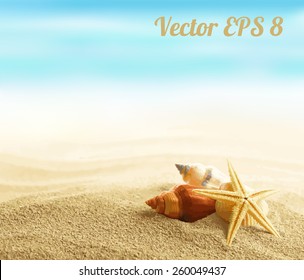 Shell And Starfish On Sandy Beach Vector Illustration EPS 8.