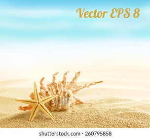 Shell and starfish on sandy beach vector illustration EPS 8.