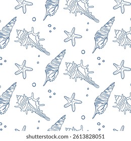 Shell and starfish pattern design featuring nautical elements in blue and white colors