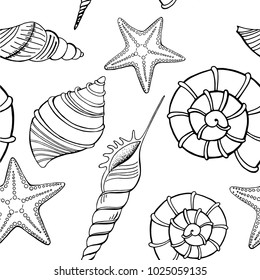 Shell and starfish seamless pattern. Sea background in hand drawn style. Vector illustration. eps10