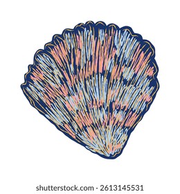 Shell in stylized technique. Marine world, shell texture, pencil marker strokes. Vector element