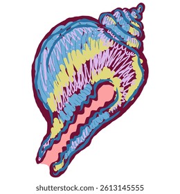 Shell in stylized technique. Marine world, shell texture, pencil marker strokes. Vector element