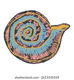 Shell in stylized technique. Marine world, shell texture, pencil marker strokes. Vector element