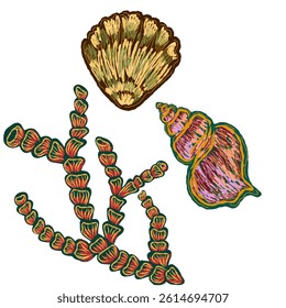 Shell in stylized technique. Marine world, shell texture, pencil marker strokes. Vector element	
