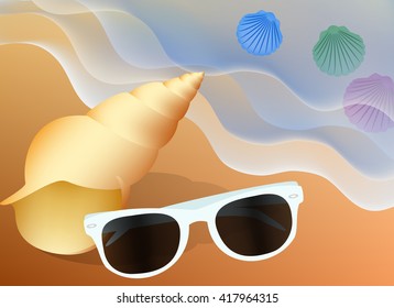 shell and sunglasses on beach vector