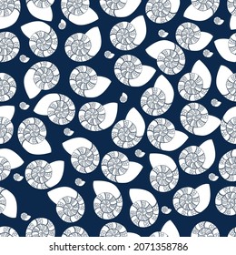 Shell template. Seashells on blue background for textile, walpaper, fabric.