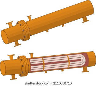 Shell and tube heat exchanger with inside structure isolated on white. Vector illustration.
