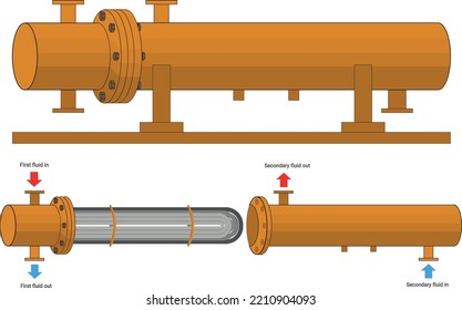 Shell and tube heat exchanger internal structure with u-shaped tubes. Color diagram of the movement of heat carriers in the tube and annular space isolated on white. Steam boiler. Vector illustration.