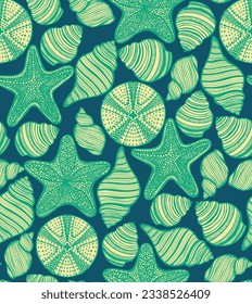 Shell Urchin and Starfish Seamless Pattern. Graphic Sea Background in Hand Drawn Style for Surface Design Banner Web. Vector Illustration