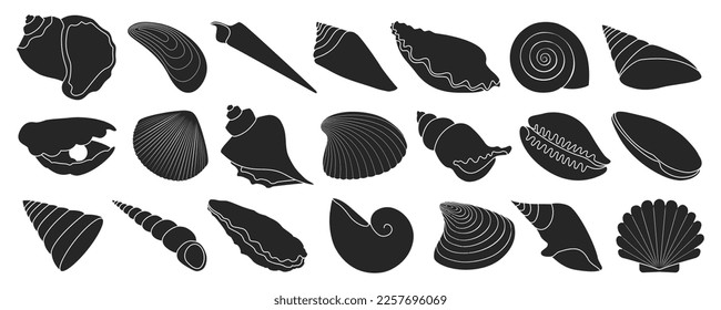 Shell-Vektorsymbol mit schwarzem Satz. Vektorgrafik-Set Muschelmeer. Einzeln Symbol, schwarze Muschel auf weißem Hintergrund .