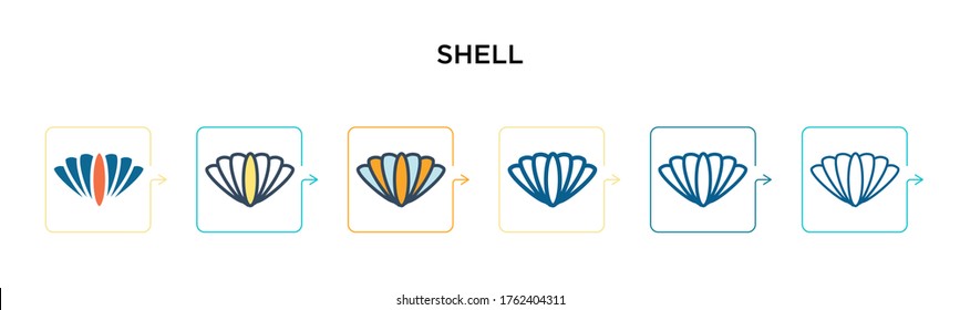 Shell vector icon in 6 different modern styles. Black, two colored shell icons designed in filled, outline, line and stroke style. Vector illustration can be used for web, mobile, ui