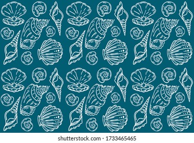 Shell vector textile pattern, seamless seashell textile repeating pattern, white linear shells on blue background