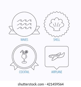 Shell, waves and cocktail icons. Airplane linear sign. Award medal, star label and speech bubble designs. Vector