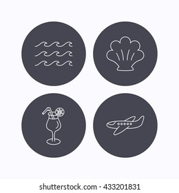 Shell, waves and cocktail icons. Airplane linear sign. Flat icons in circle buttons on white background. Vector