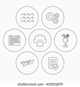 Shell, waves and cocktail icons. Airplane linear sign. Check file, calendar and cogwheel icons. Vector